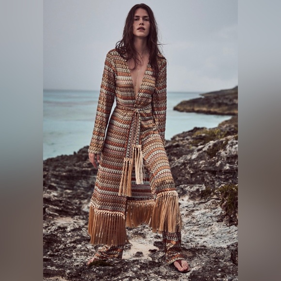 ALEXIS *Genista* brown chevron print fringe tassel robe duster dress kimono L - Picture 5 of 8